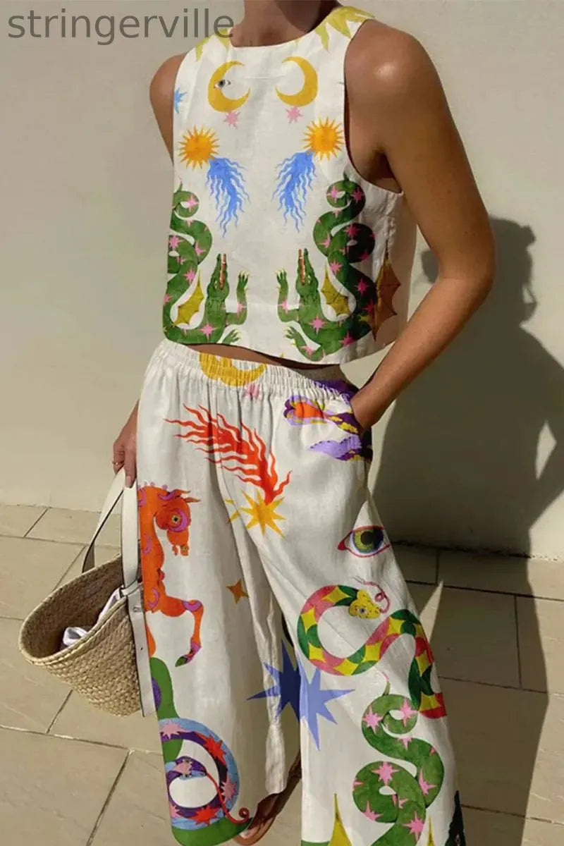 Casual Print Pocket O Neck Sleeveless Two Pieces