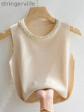 Women's Knitted Tank Top – Sleeveless Solid Color Beaded Vest