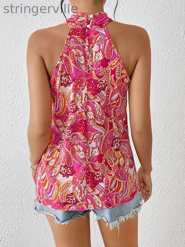 Flower Print Contrast Color Buttoned Sleeveless Loose Halter-Neck Vest Top