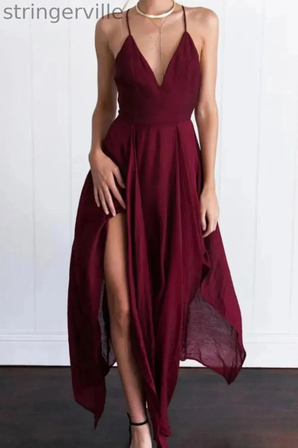 Women's Fashion V-neck Backless Split Suspender Wedding Guest Dresses