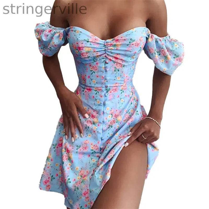 Print Flower Puff Sleeve  Bodycon Wedding Guest Dresses