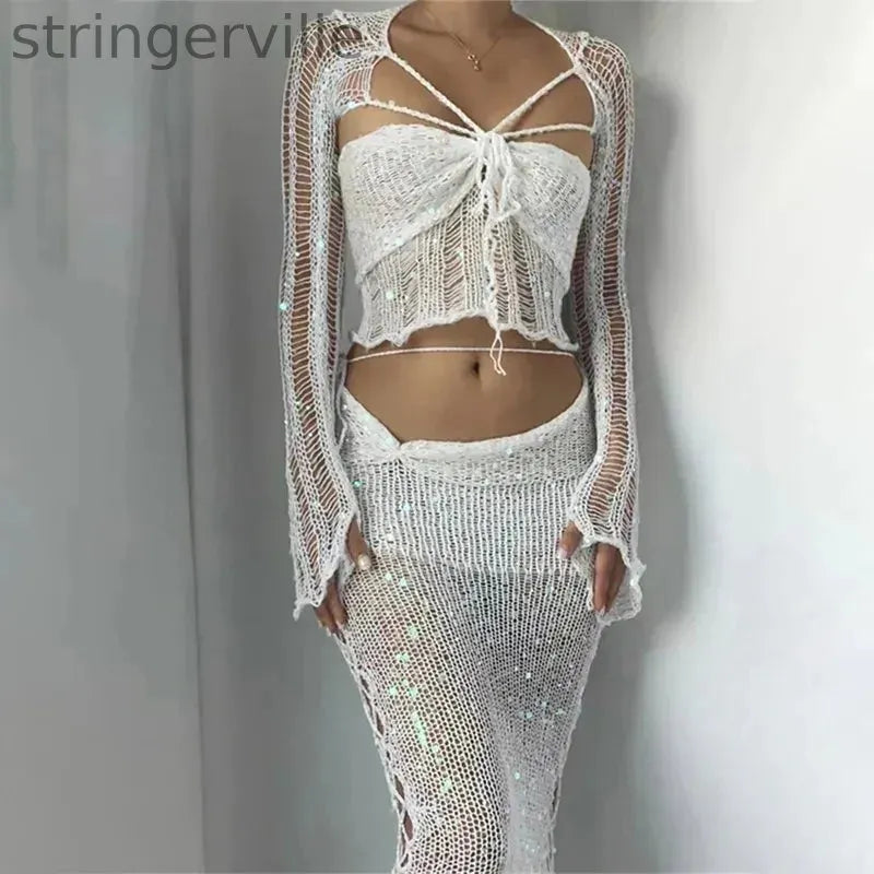 Women's Fashion Casual Sequined Knitted Hollow Suit