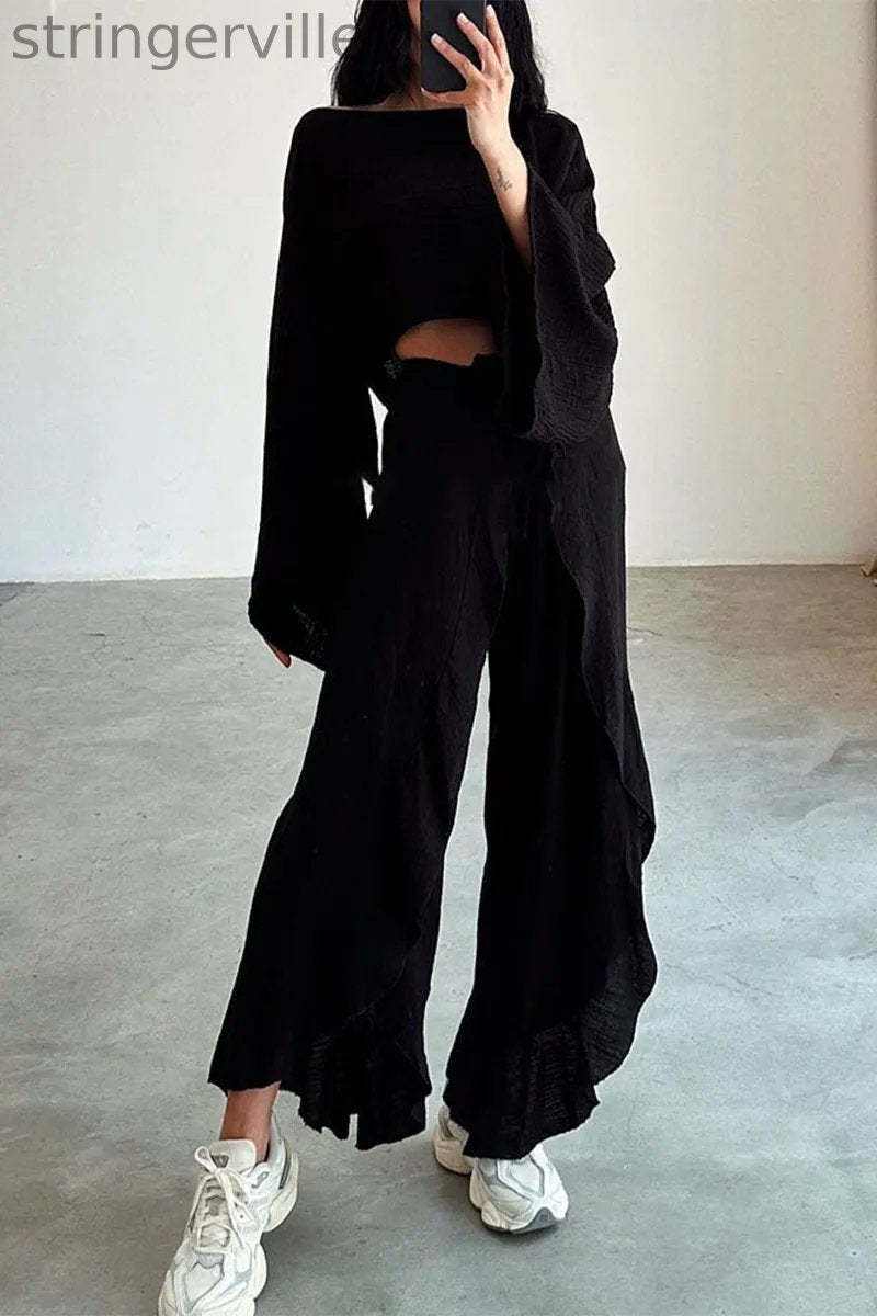 Casual Solid Flounce Slit O Neck Long Sleeve Two Pieces