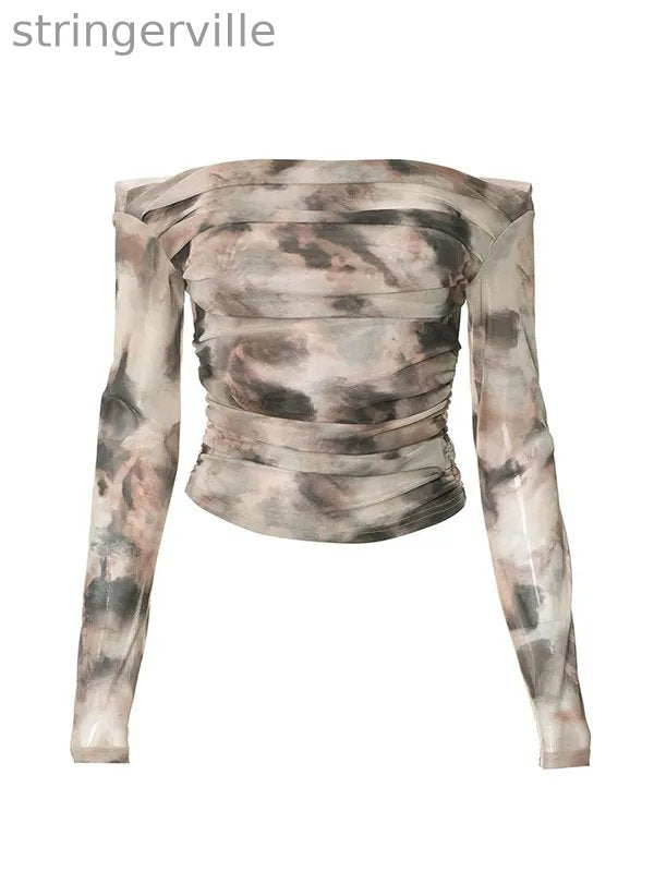 Pleated Split-Joint Tie Dye Long Sleeves Skinny Off-the-shoulder T-Shirts Tops