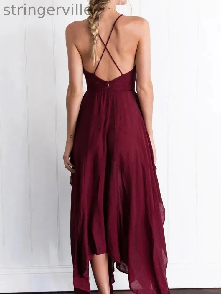 Women's Fashion V-neck Backless Split Suspender Wedding Guest Dresses