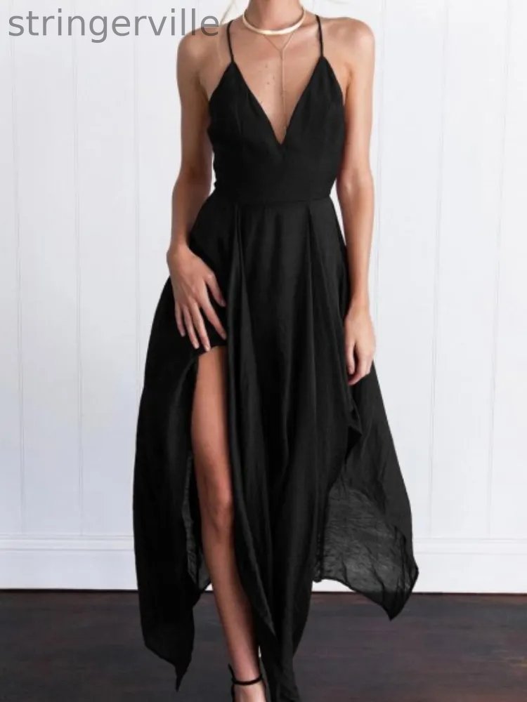 Women's Fashion V-neck Backless Split Suspender Wedding Guest Dresses
