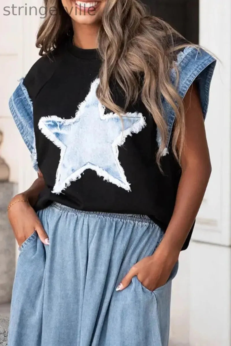 Casual The stars Distressed Patchwork O Neck T-Shirts