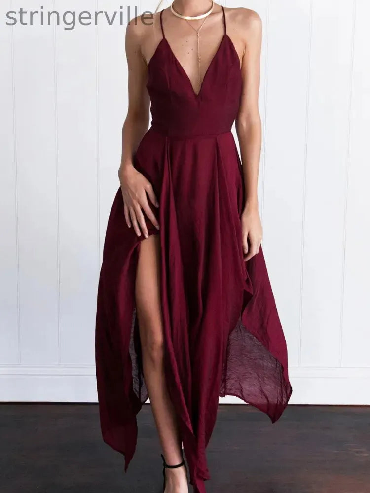Women's Fashion V-neck Backless Split Suspender Wedding Guest Dresses