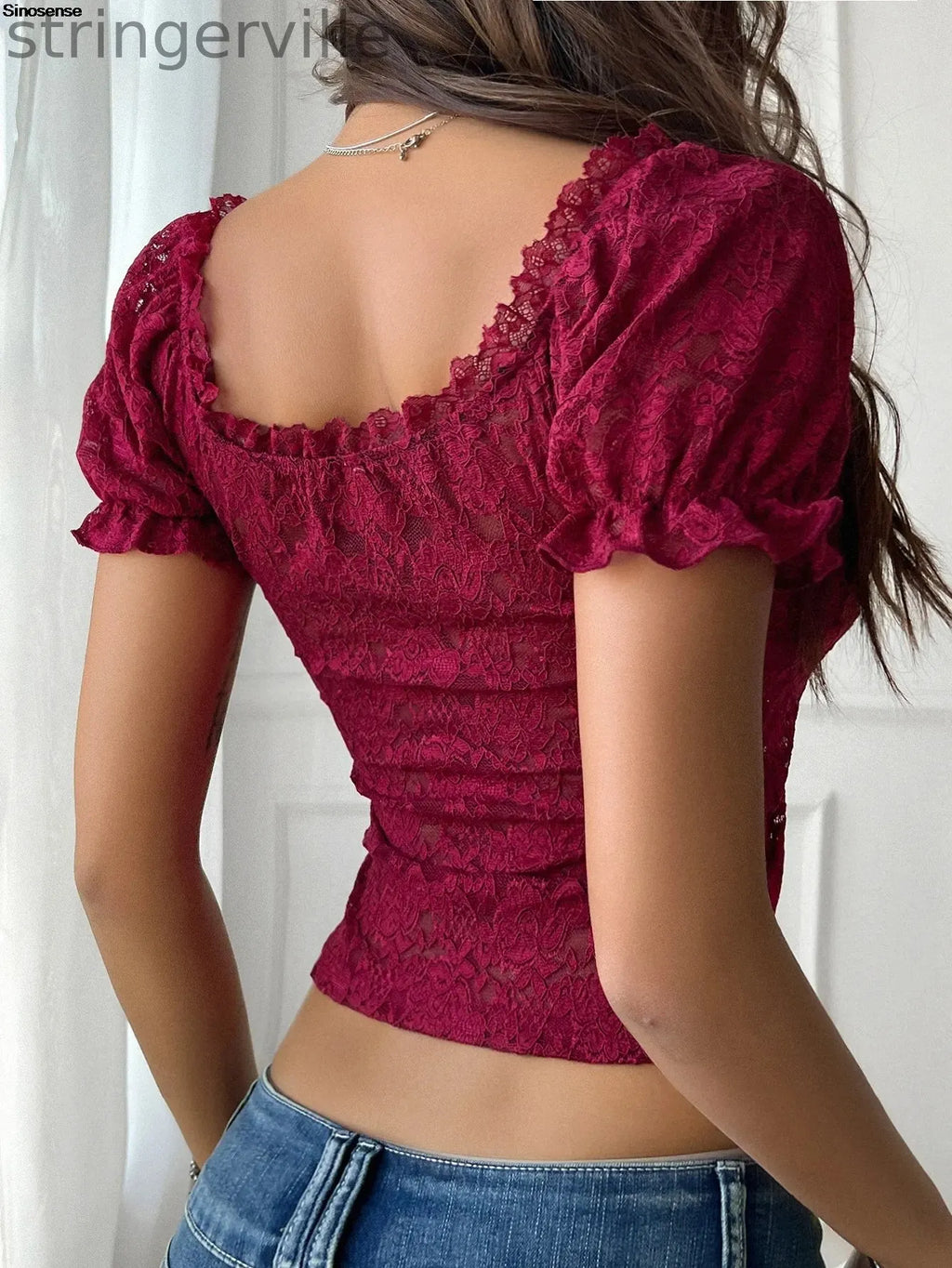 Women's Off Shoulder Crop Top Floral Embroidery Contrast Lace Puff Sleeve Party T-Shirt