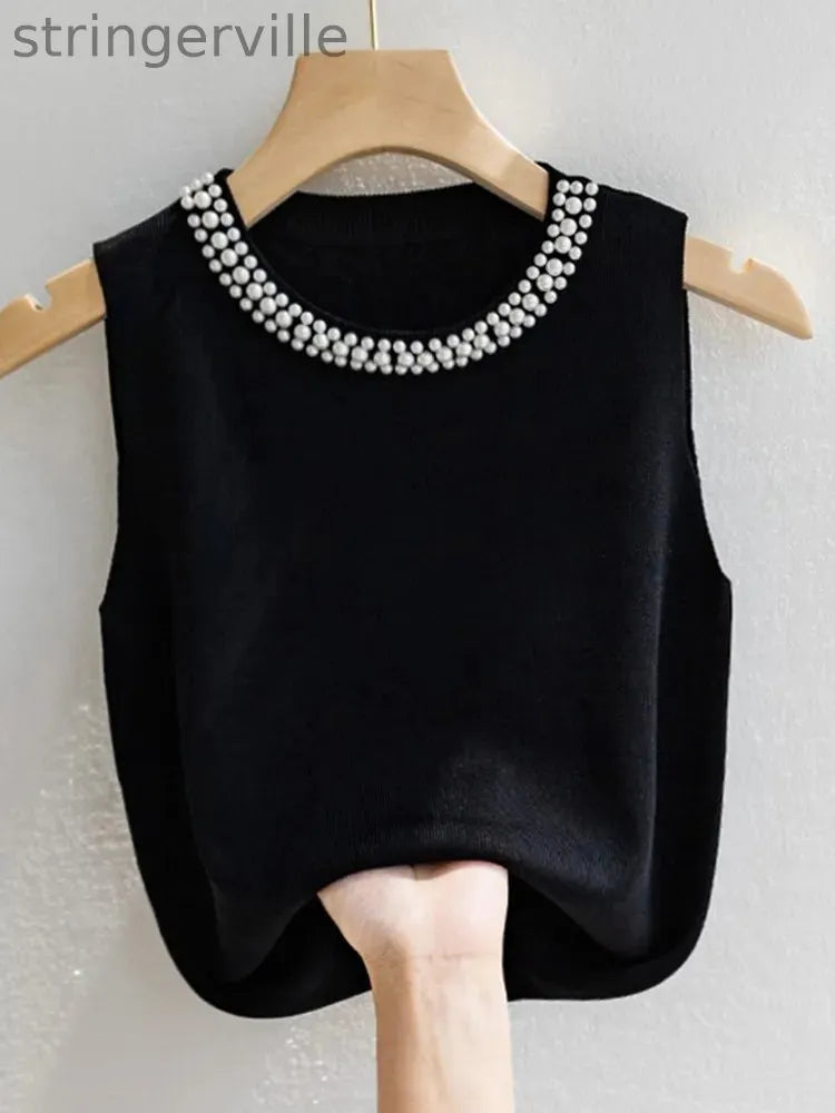 Women's Knitted Tank Top – Sleeveless Solid Color Beaded Vest