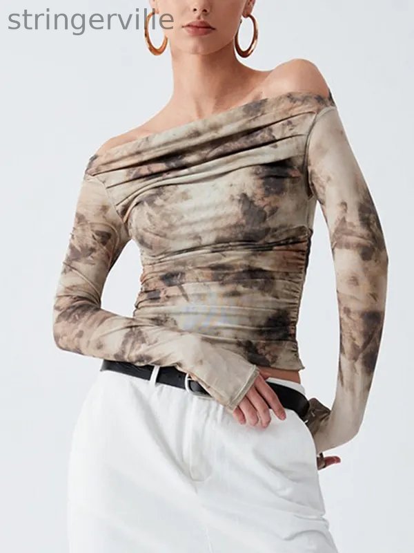 Pleated Split-Joint Tie Dye Long Sleeves Skinny Off-the-shoulder T-Shirts Tops