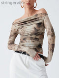 Pleated Split-Joint Tie Dye Long Sleeves Skinny Off-the-shoulder T-Shirts Tops