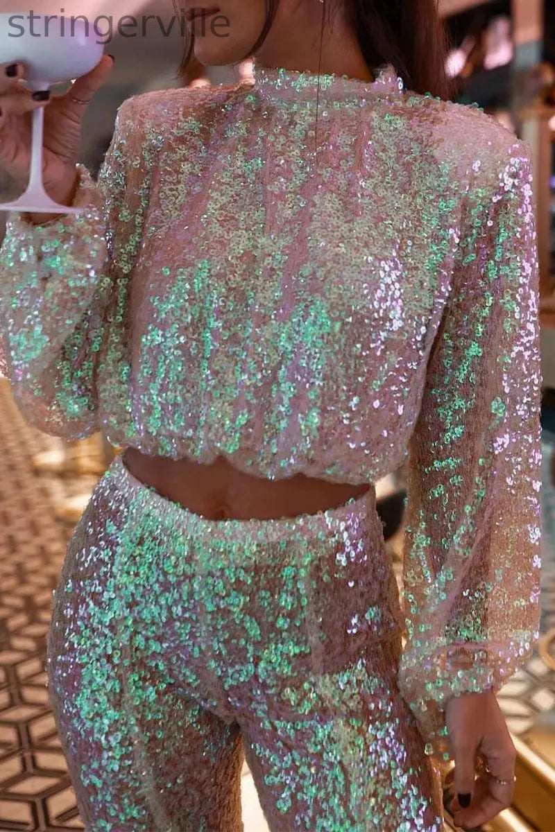 Sexy Patchwork Sequins Half A Turtleneck Long Sleeve Two Pieces