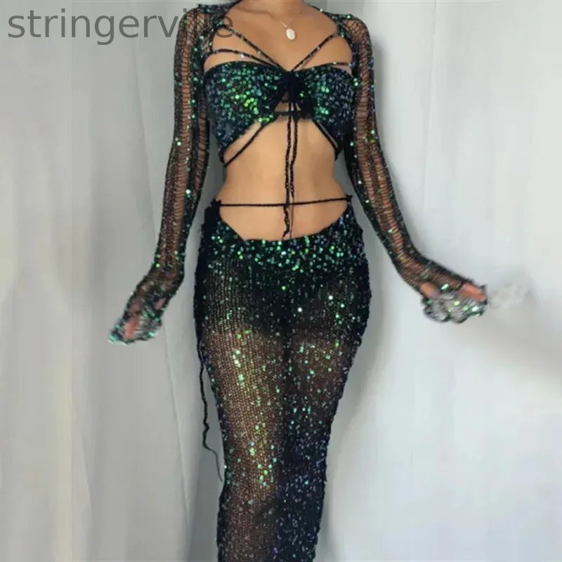 Women's Fashion Casual Sequined Knitted Hollow Suit