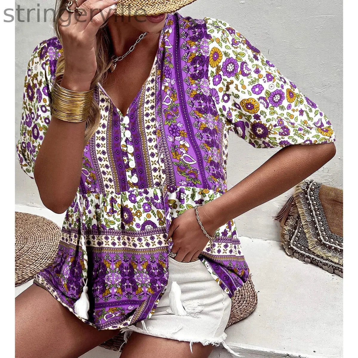 Fashion Casual V-neck Printed T-shirt