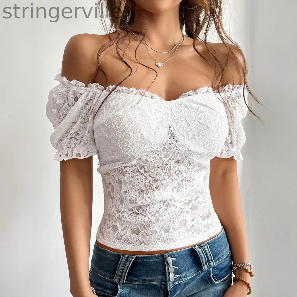 Women's Off Shoulder Crop Top Floral Embroidery Contrast Lace Puff Sleeve Party T-Shirt