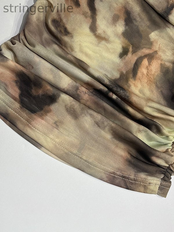 Pleated Split-Joint Tie Dye Long Sleeves Skinny Off-the-shoulder T-Shirts Tops