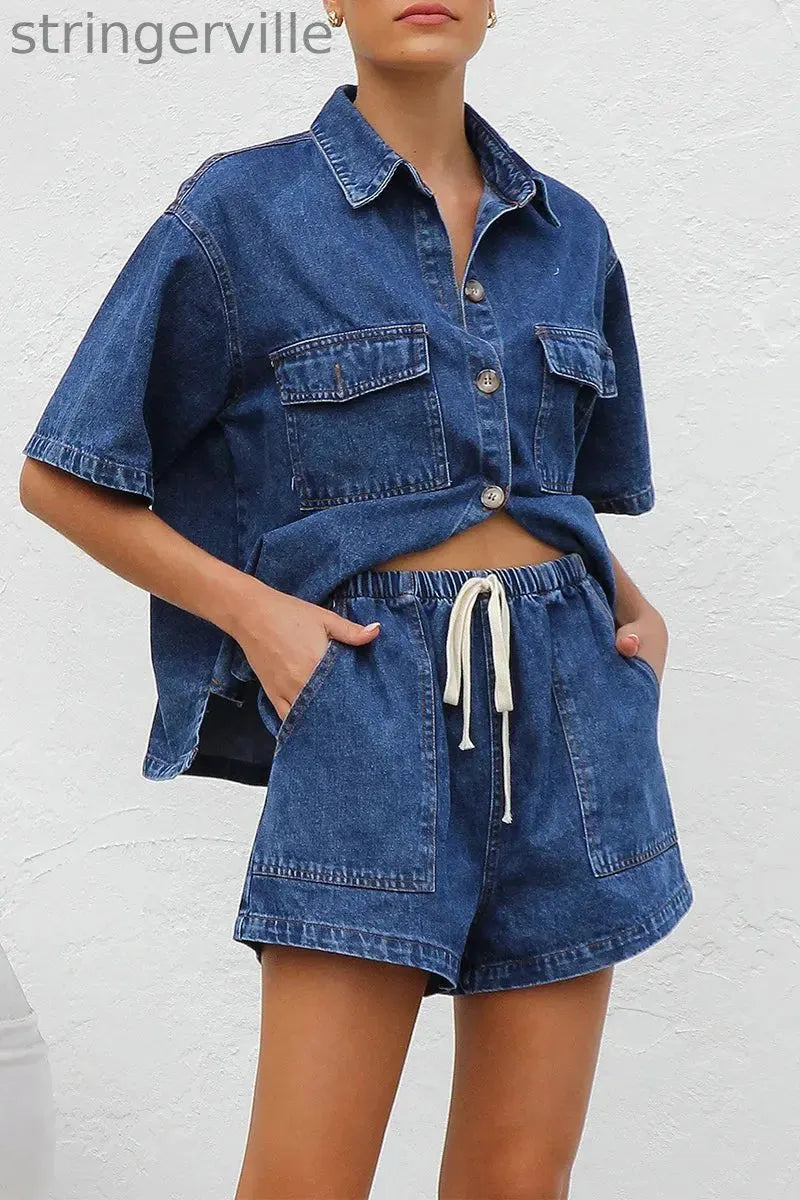 Casual Distressed Draw String Pocket Turndown Collar Short Sleeve Two Pieces