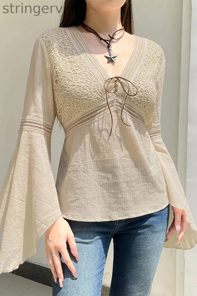 Elegant Solid Patchwork Frenulum V Neck Tops