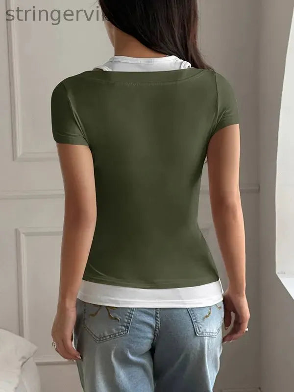 Buttoned Contrast Color False Two Short Sleeves Halter-Neck T-Shirts Tops