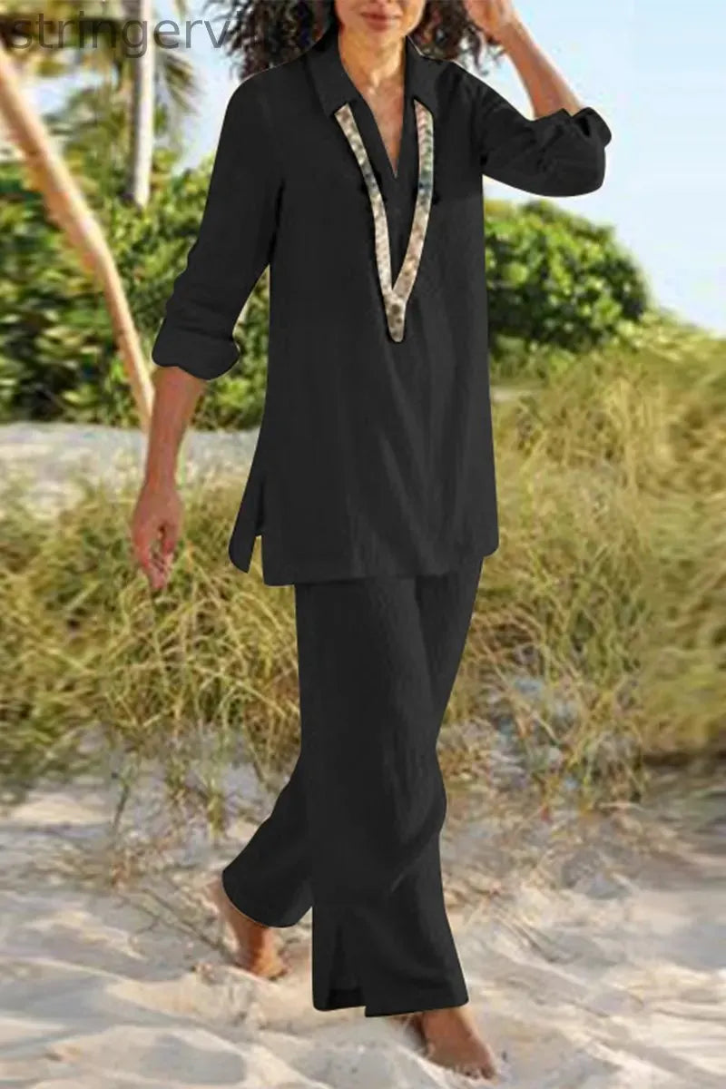 Casual Solid Slit V Neck Long Sleeve Two Pieces
