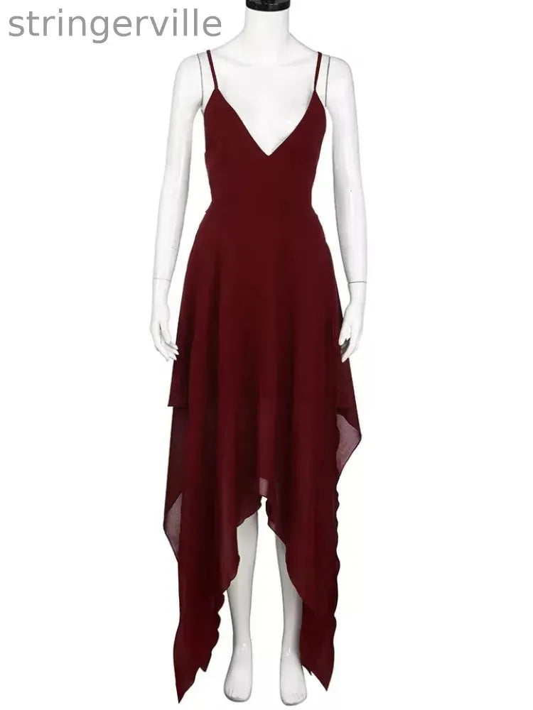 Women's Fashion V-neck Backless Split Suspender Wedding Guest Dresses
