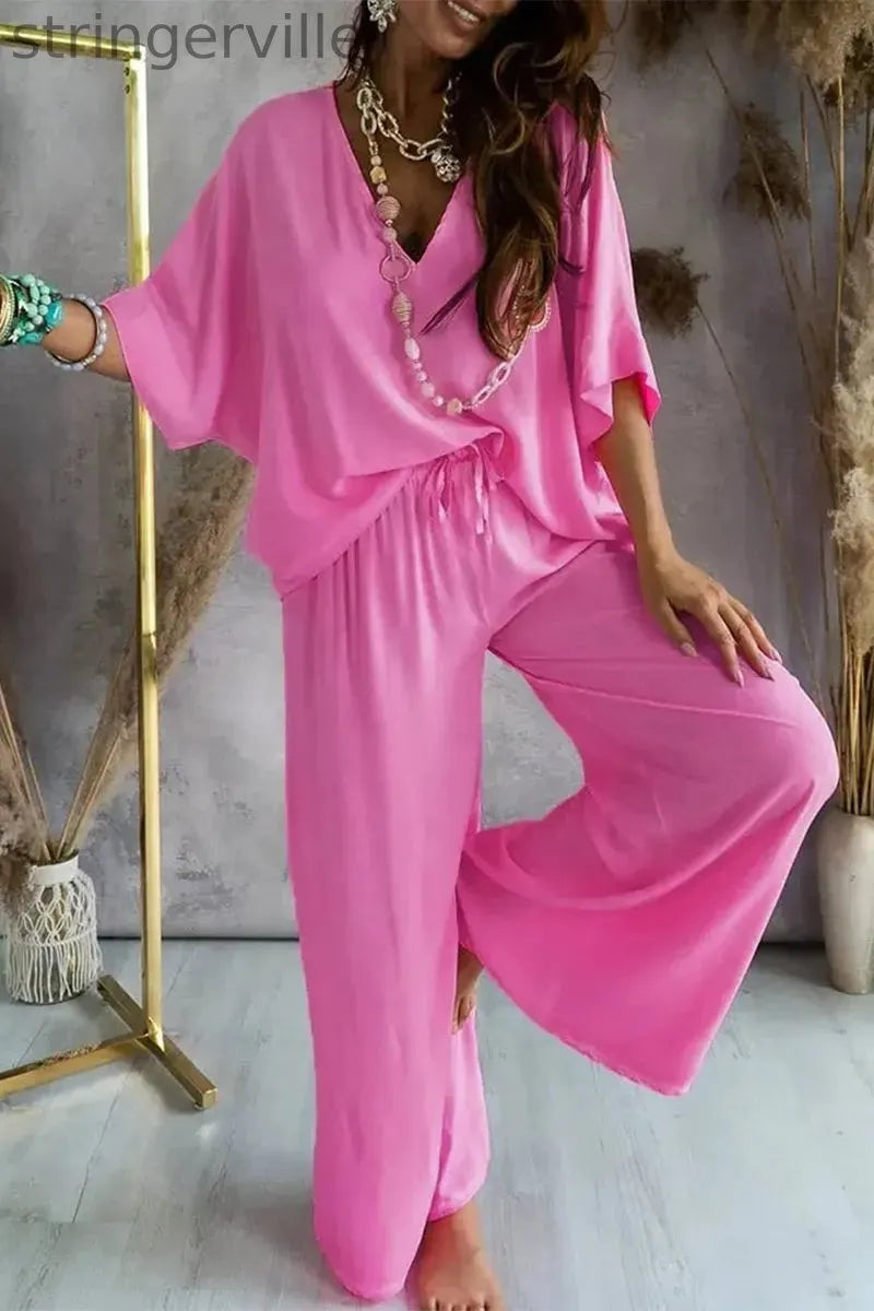 Casual Print Patchwork V Neck Half Sleeve Two Pieces(9 Colors)
