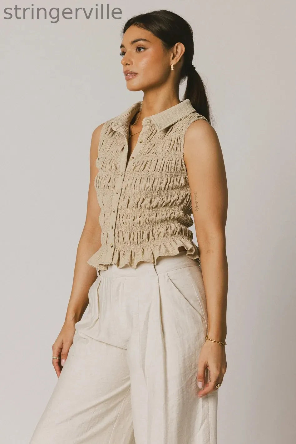 Smocked Button Up in Taupe