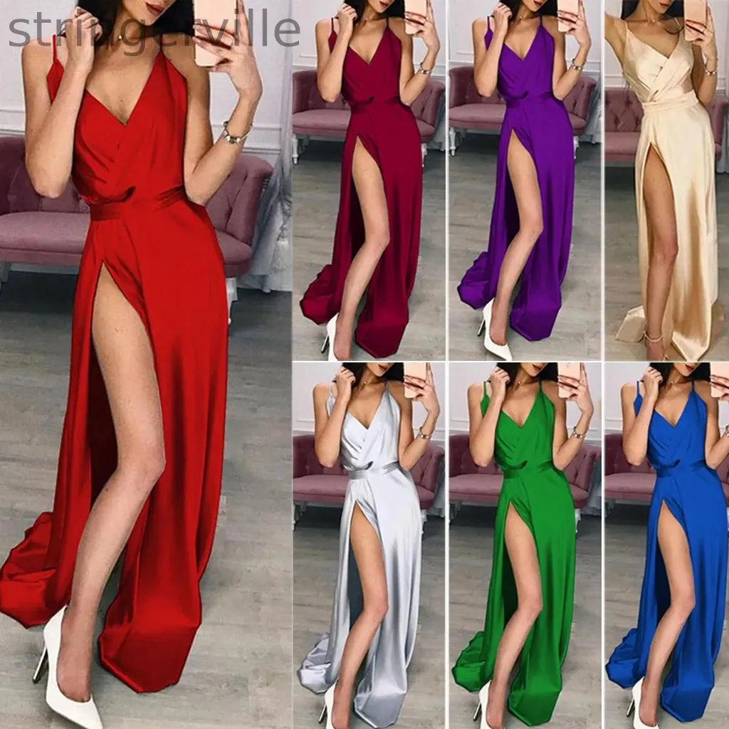 V Neck  Sexy Silk Sleeveless Women  Wedding Guest Dresses