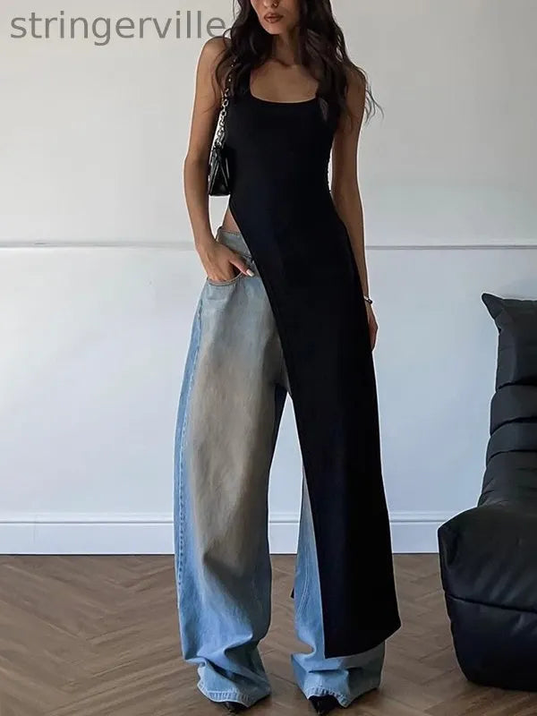 Asymmetric Solid Color Split-side Skinny Sleeveless Square-neck Tank Top