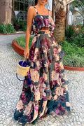 Fashion Street Print Patchwork Spaghetti Strap Sleeveless Two Pieces