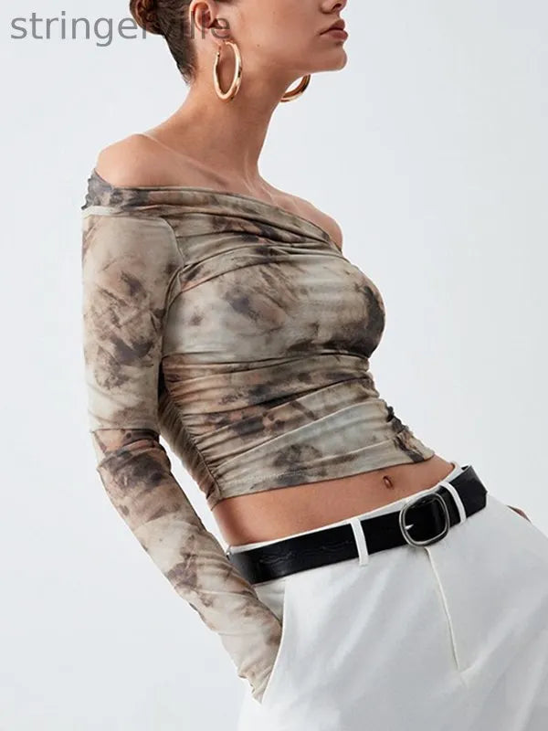 Pleated Split-Joint Tie Dye Long Sleeves Skinny Off-the-shoulder T-Shirts Tops