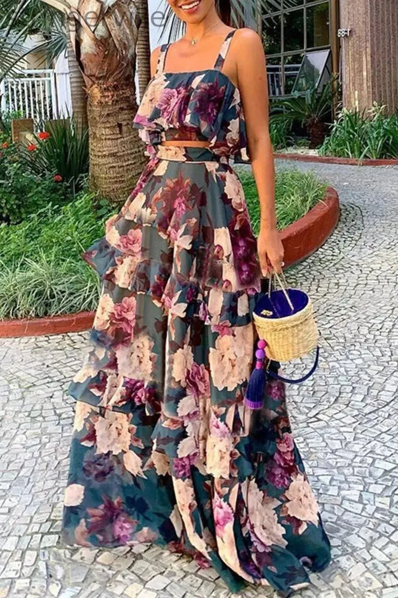 Fashion Street Print Patchwork Spaghetti Strap Sleeveless Two Pieces