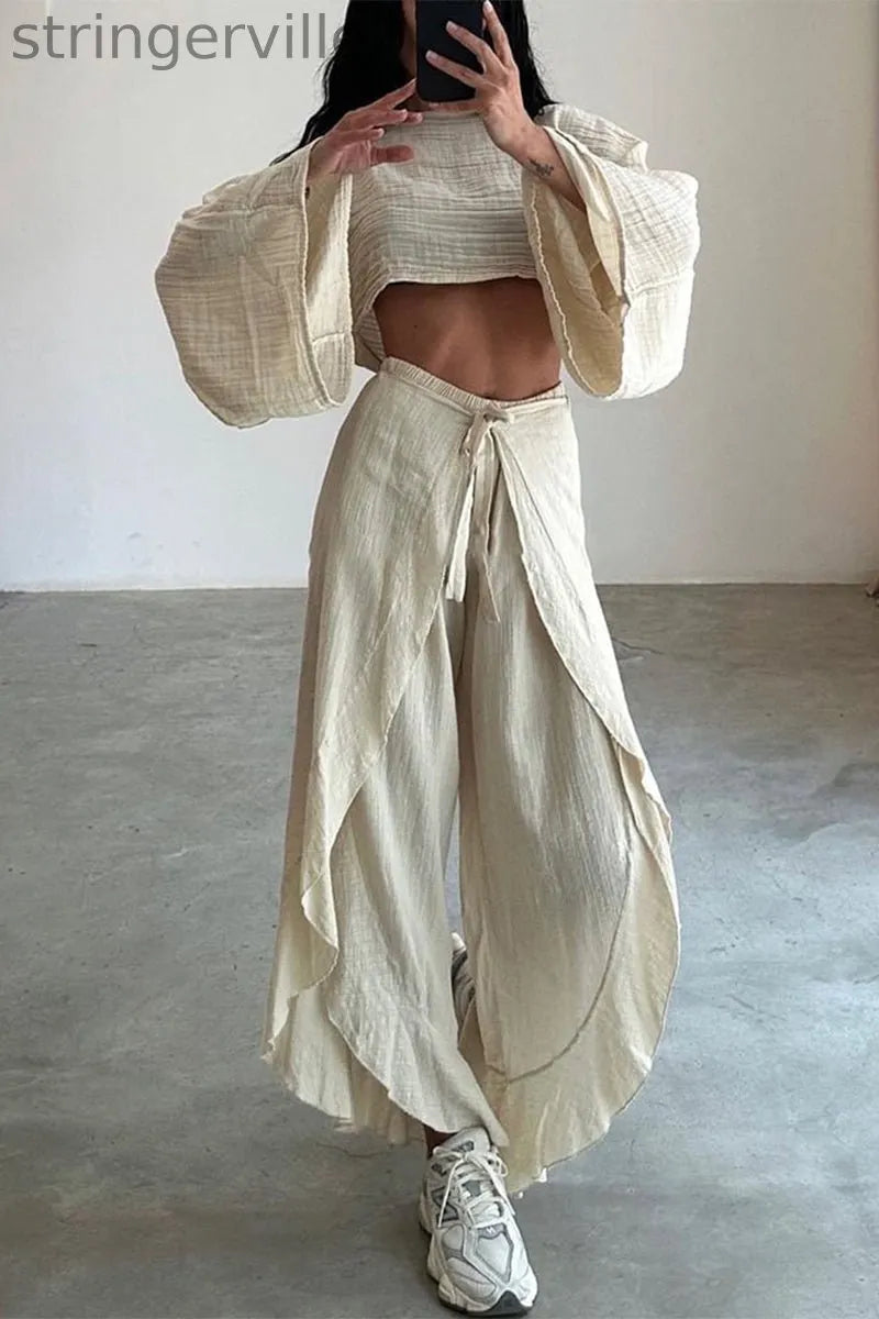 Casual Solid Flounce Slit O Neck Long Sleeve Two Pieces