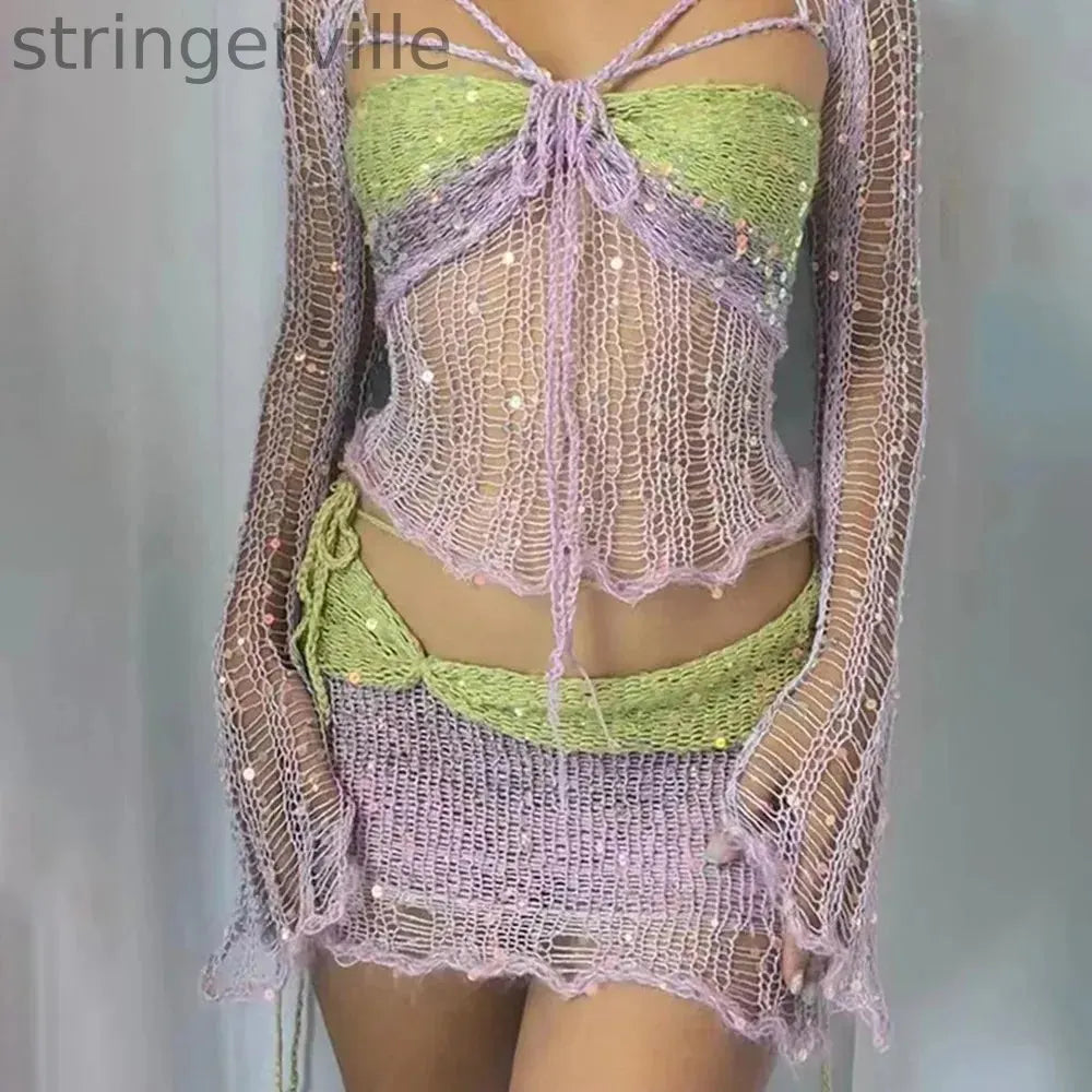 Women's Fashion Casual Sequined Knitted Hollow Suit