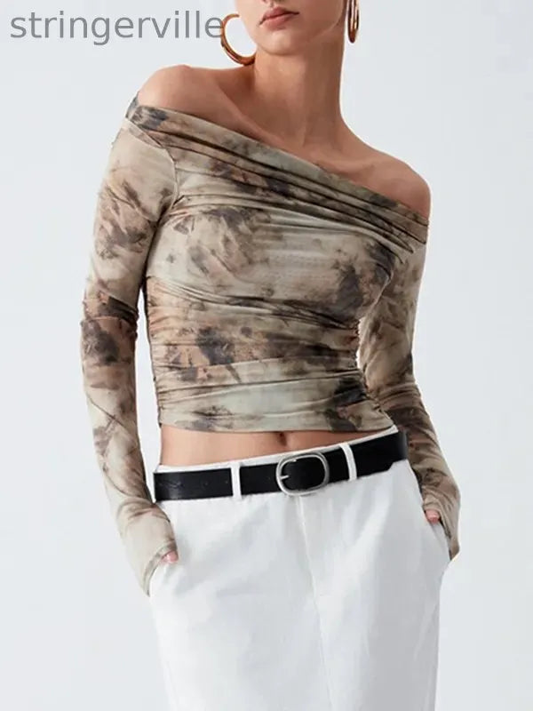 Pleated Split-Joint Tie Dye Long Sleeves Skinny Off-the-shoulder T-Shirts Tops