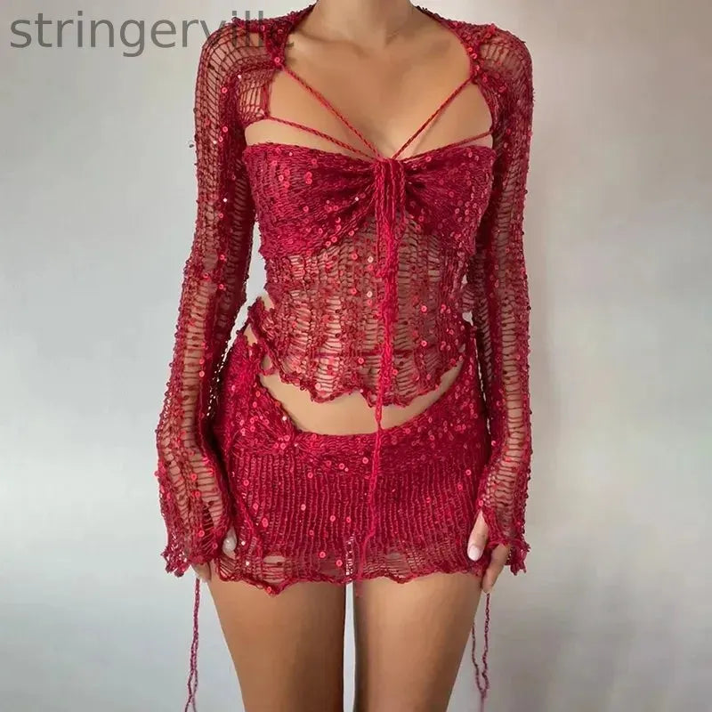 Women's Fashion Casual Sequined Knitted Hollow Suit
