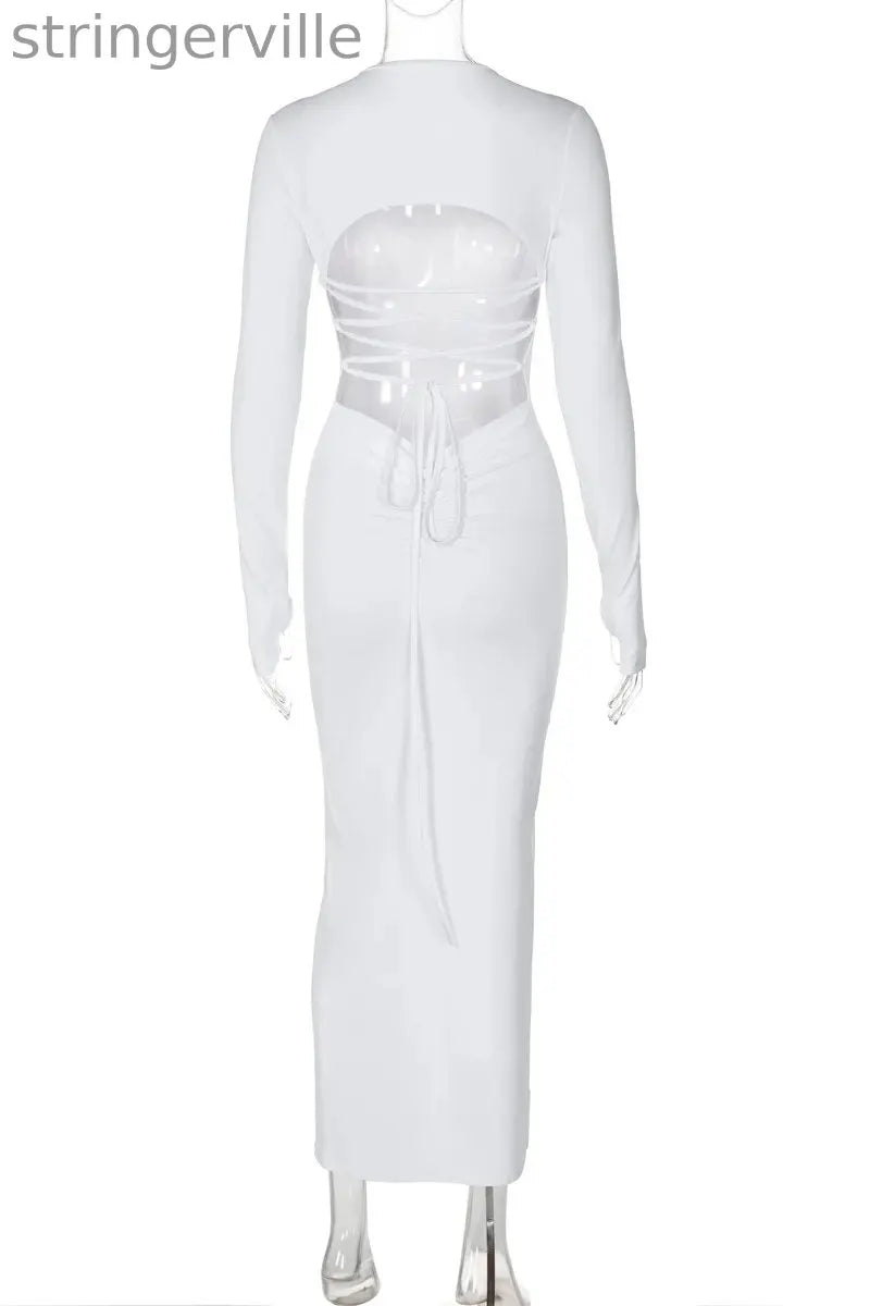 Sexy Backless Slit Strap Design O Neck Long Sleeve Dresses