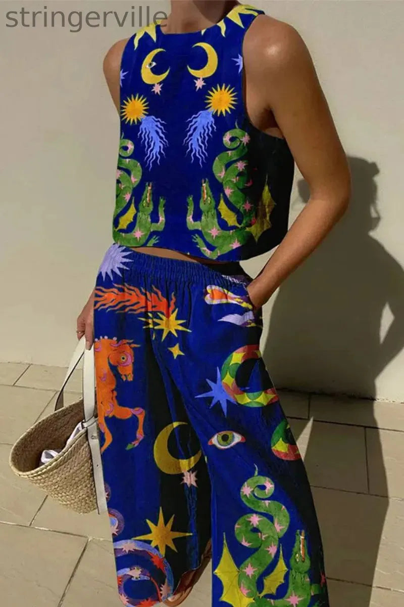 Casual Print Pocket O Neck Sleeveless Two Pieces