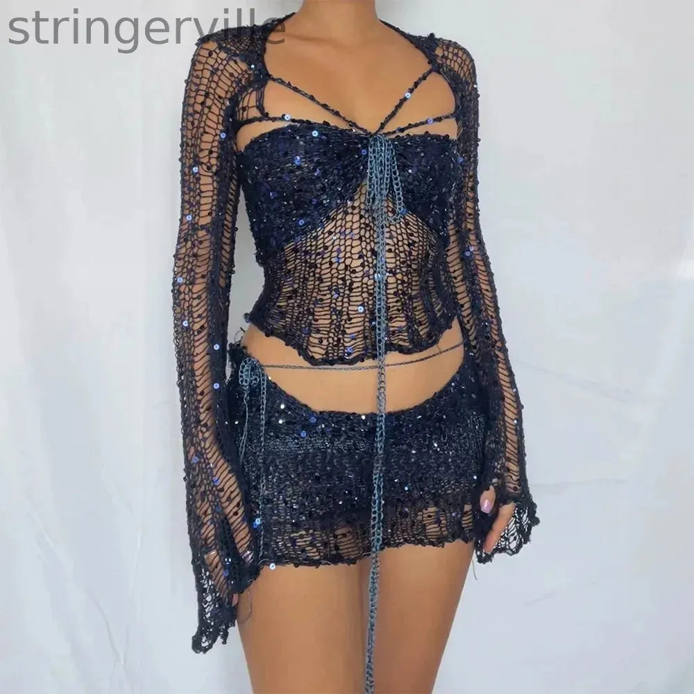 Women's Fashion Casual Sequined Knitted Hollow Suit