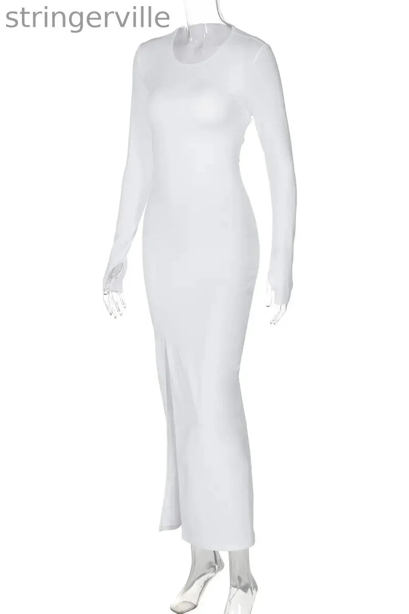 Sexy Backless Slit Strap Design O Neck Long Sleeve Dresses
