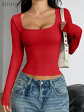 Solid Color Long Sleeves Skinny Square-Neck T-Shirts Tops