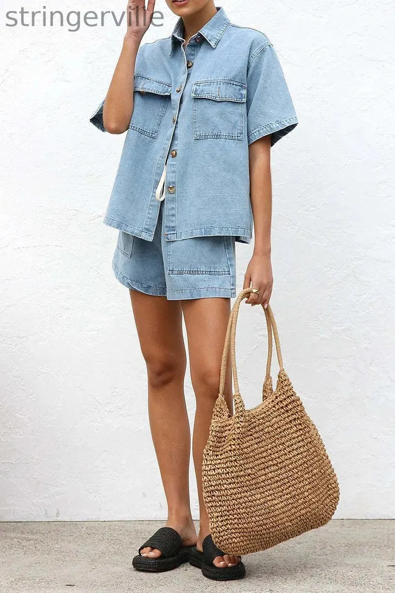 Casual Distressed Draw String Pocket Turndown Collar Short Sleeve Two Pieces