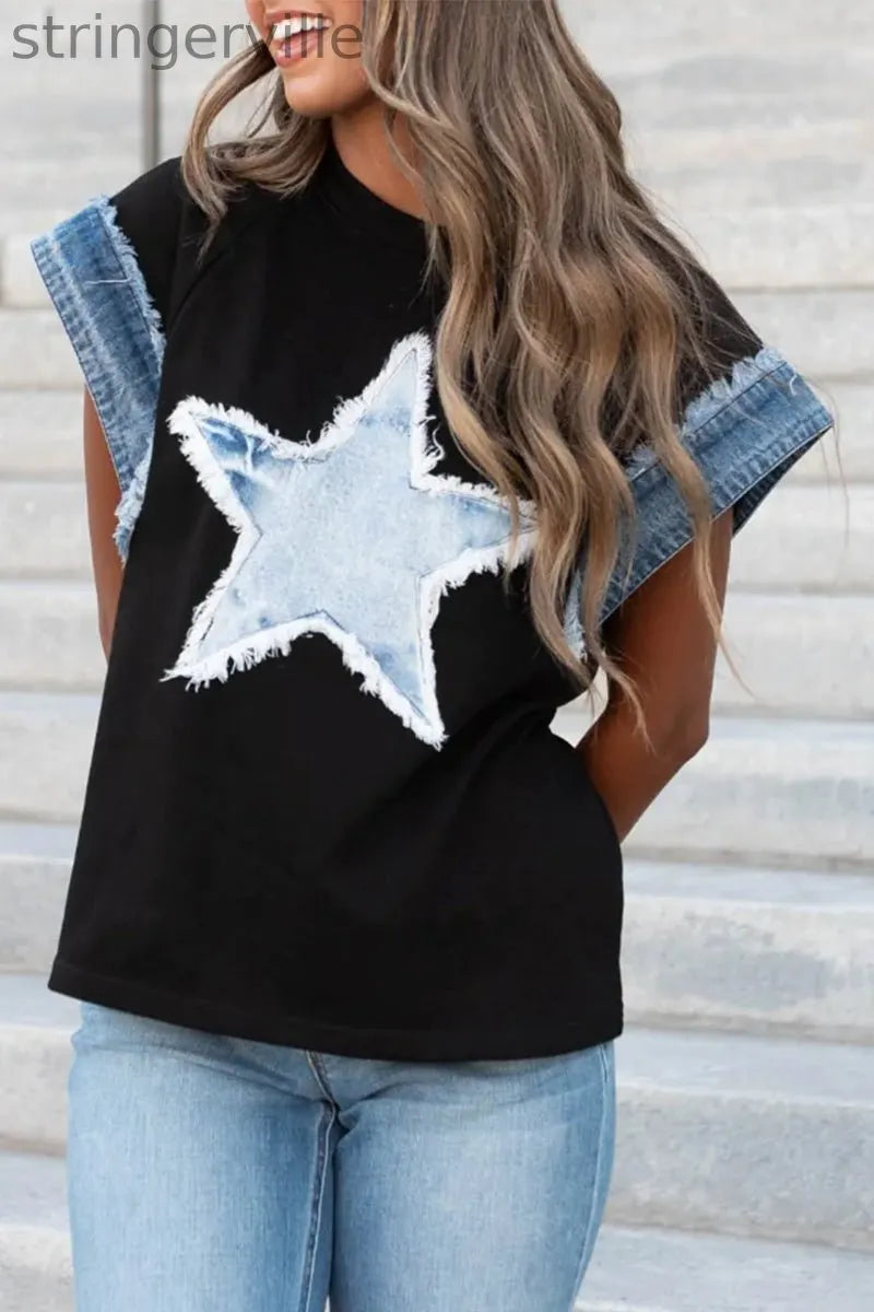 Casual The stars Distressed Patchwork O Neck T-Shirts