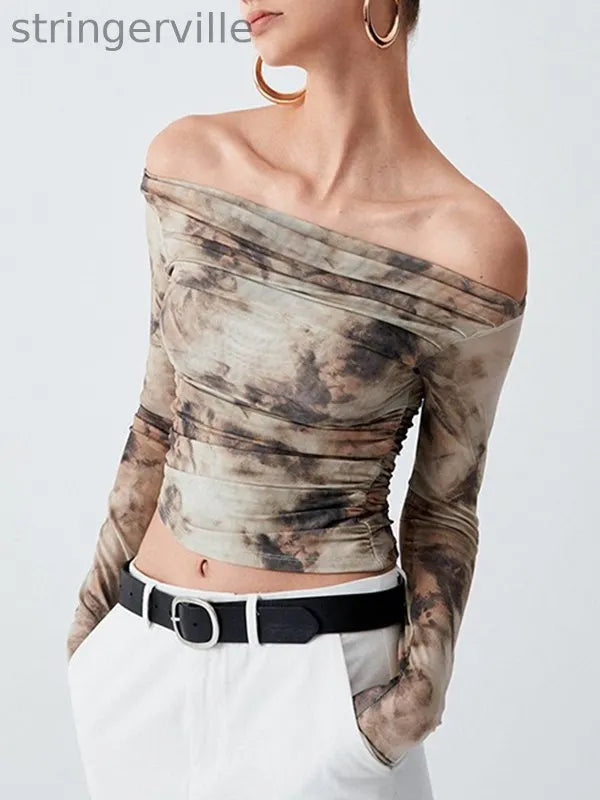 Pleated Split-Joint Tie Dye Long Sleeves Skinny Off-the-shoulder T-Shirts Tops