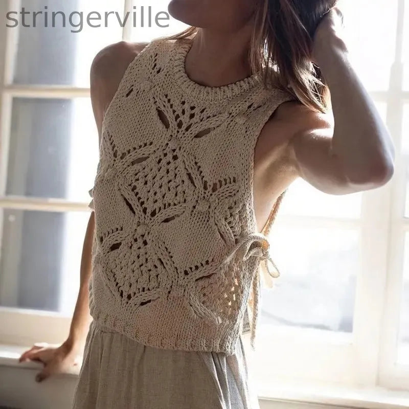 New Women's Sexy Sleeveless Hollow Out Vest Top Y2K Hot Girl Style Cropped Mesh Waistcoat Streetwear Casual Summer Tank