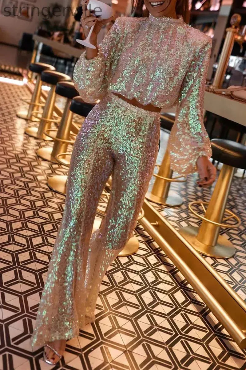 Sexy Patchwork Sequins Half A Turtleneck Long Sleeve Two Pieces