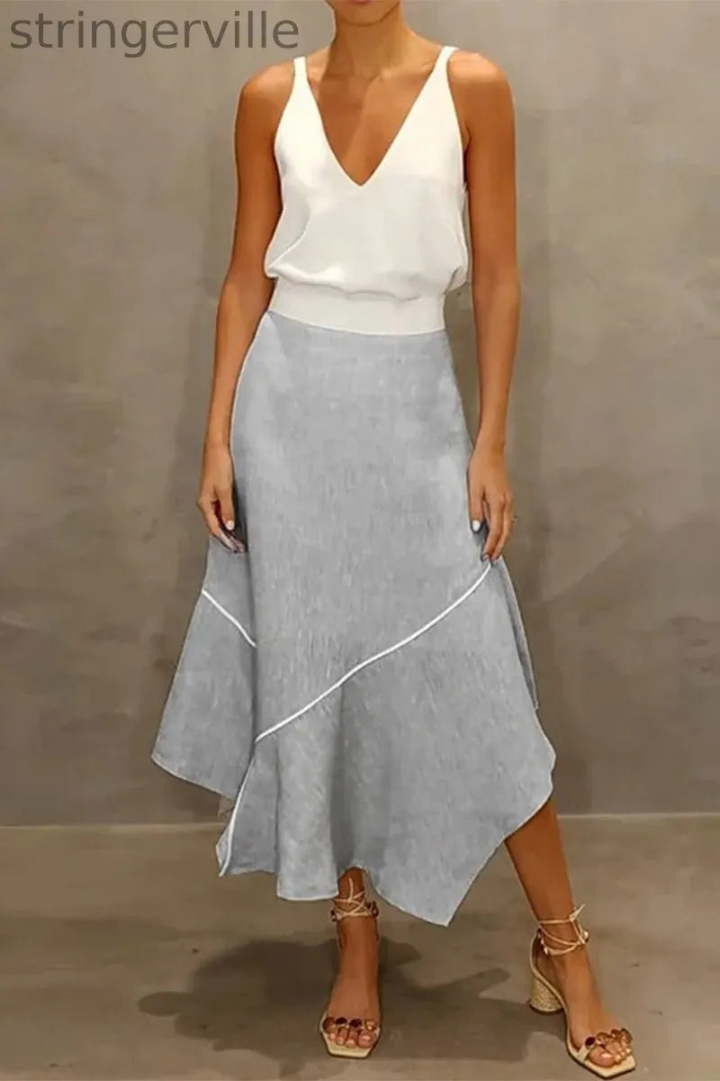 Casual Simplicity Solid Asymmetrical V Neck Sleeveless Two Pieces
