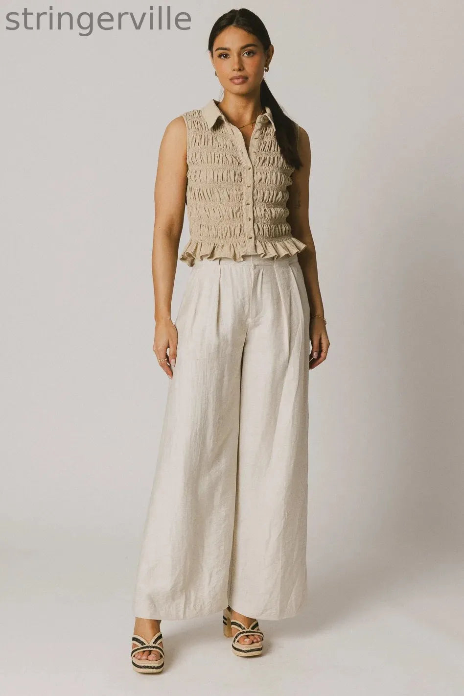 Smocked Button Up in Taupe
