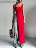 Asymmetric Solid Color Split-side Skinny Sleeveless Square-neck Tank Top